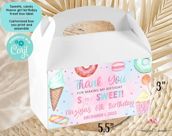 Caja de golosinas para el sexto cumpleaños de Sweet Sassy y Six girl, caja a dos aguas, caja de favores, donut de piruleta de cupcake de dulces, imprimible digital personalizado.