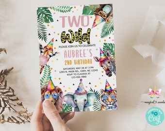 Safari animals Two Wild girl birthday invitation, safari party animals invite, corjl digital printable, lion elephant giraffe zebra monkey.