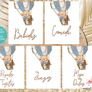 Bear & blue hot air balloon baby shower signs, boy bearly wait baby shower, signs package, signs pack, 5 signs in Spanish en Español.