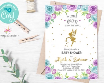 Purple and turquoise FAIRY Girl baby shower invitation, gold fairy invite, digital printable, instant download, corjl editable, gold glitter