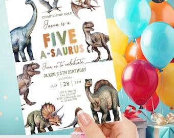 Dinosaurs FIVE-A-SAURUS boy 5th birthday invitation, dinosaur dinos boy 5th birthday invite, corjl digital printable, boy dino dinosaurs.