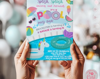 Pool party bash combined birthday invitation, splish splash siblings pool party invite, digital printable, unicorn mermaid floaties invite.