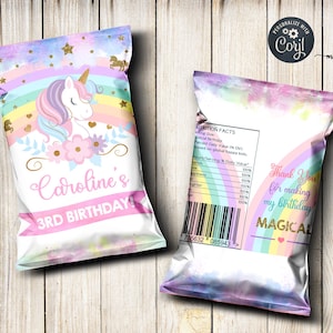 Unicorn & rainbow girl 3rd birthday Chips Bag Wrapper, digital printable, birthday favor favors, party supply supplies, unicorn rainbow gold