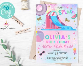 Water slide party bash birthday invitation, splish splash pool birthday invite, water slide bash, corjl digital printable, water slide pool.