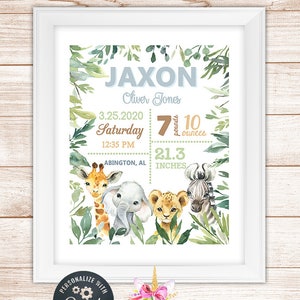 May include: A watercolor-style baby announcement poster with a jungle theme. The poster features a giraffe, elephant, lion, and zebra with green foliage. The text reads "Jaxon Oliver Jones", "3.25.2020", "Saturday", "12:35 PM", "7 pounds 10 ounces", "21.3 inches", and "Abington, AL".
