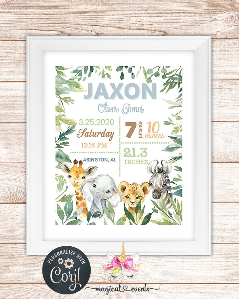 May include: A watercolor-style baby announcement poster with a jungle theme. The poster features a giraffe, elephant, lion, and zebra with green foliage. The text reads "Jaxon Oliver Jones", "3.25.2020", "Saturday", "12:35 PM", "7 pounds 10 ounces", "21.3 inches", and "Abington, AL".