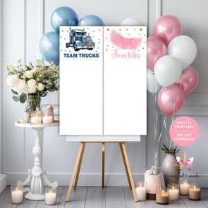 Trucks or tutus gender reveal Team BOY & Team GIRL sign, gender reveal sign, blue semi truck pink tutu gender reveal, digital printable.
