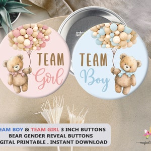 Bear genere rivelano pulsanti Team BOY e Team GIRL 3", pulsanti di rivelazione di genere, indovina i pulsanti di genere del bambino, attesa orsacchiotta, stampabile digitale.