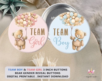 Bären-Geschlecht offenbaren Team BOY und Team GIRL 3&quot;-Knöpfe, Geschlecht offenbaren Knöpfe, erraten Sie das Baby-Geschlecht-Knöpfe, bärisches Warten, digital bedruckbar.