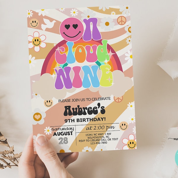 On Cloud Nine girl groovy birthday invitation, On Cloud Nine girl groovy birthday invite, corjl digital printable, clouds rainbow smileys.