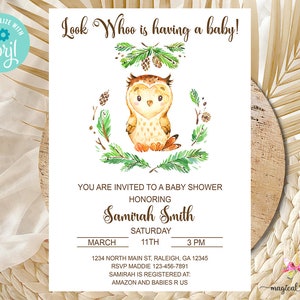 Owl baby shower invitation, gender neutral baby shower invite, look whos having a baby invite, owl baby shower, corjl digital printable.