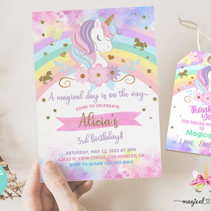 Unicorn and rainbow birthday invitation, girl birthday invite, digital printable corjl editable, rainbow unicorn flowers gold, thank you tag