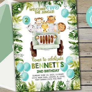 Safari animals boy birthday invitation, welcome two the jungle 2nd birthday invite digital printable, safari car truck, corjl editable.