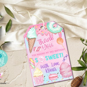 Sweet & Three thank you tag, birthday favors, pastel candy sweets thank you favor, customized 3rd birthday tags, corjl editable name and age