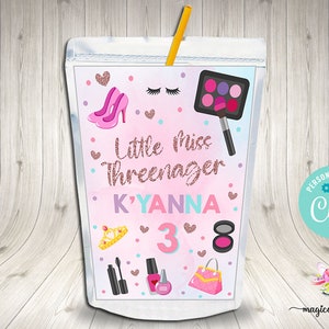 Little Miss Threenager juice pouch labels, girl 3rd third birthday party favor favors, customized juice pouch label, Little Miss Three-nager
