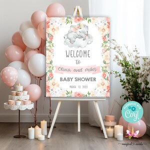 16x20 Pink blush flowers elephant baby shower welcome sign, girl baby elephant welcome sign, elephant baby shower, girl welcome sign, corjl.