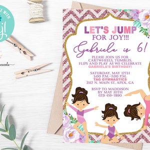 Gymnastics birthday invitation, girl birthday invite digital printable, lets jump for joy, cartwheels tumbles flips play, gymnastics, corjl.