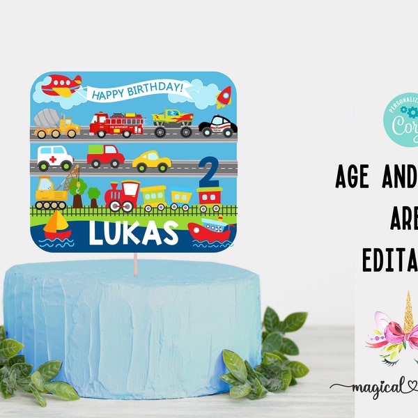 Transport vehicles boy happy birthday cake topper or centerpiece, boy Transportation birthday, cars trucks plane train, editable name & age.