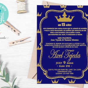 Süße Fünfzehn Junge GeburtstagSeinladung, Süße 15 Geburtstagseinladung, digital druckbar, 15. Geburtstag, royalblau gold, spanisch, corjl.