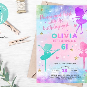 Ballerina dance and twirl girl birthday invitation, pastel ballet ballerina birthday invite, girl invite, digital printable, corjl editable.
