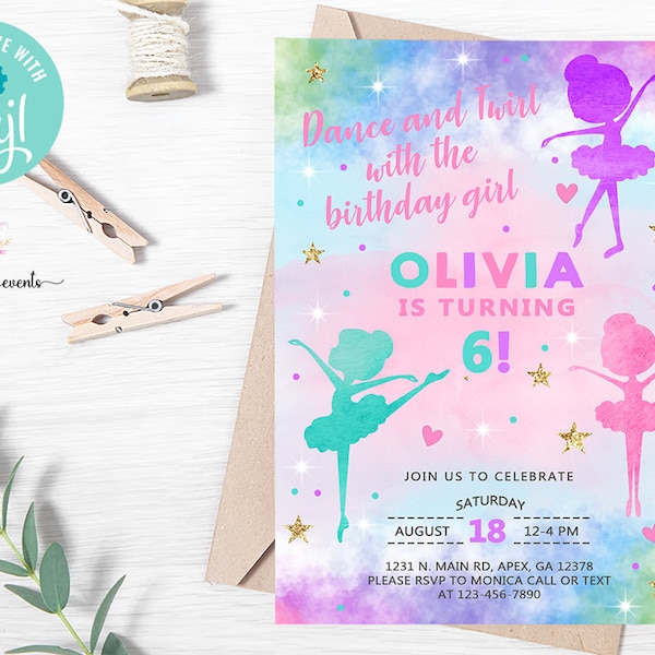 Ballerina dance and twirl girl birthday invitation, pastel ballet ballerina birthday invite, girl invite, digital printable, corjl editable.