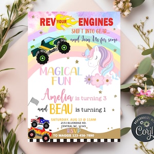 Unicorn and monster truck birthday invitation, invite, corjl digital printable, rev your engines get into gear, monster trucks unicorn.