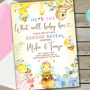 Bee gender reveal invitation, gender reveal invite, what will baby bee, digital printable, bumblebee, summer, corjl editable, he or she.