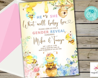 Bee gender reveal invitation, gender reveal invite, what will baby bee, digital printable, bumblebee, summer, corjl editable, he or she.