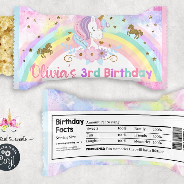 Unicorn & rainbow girl birthday crispy rice labels, Unicorn party favors favor, corjl digital printable, unicorn rice snack party favor.