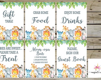 White safari baby shower signs bundle, boy baby shower signs, safari animals signs package, boy white safari, 6 baby boy shower signs.