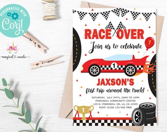 Invitación de cumpleaños para niño con auto de carrera, invitación de cumpleaños para niño, imprimible digital, auto de carrera rojo, carrera terminada, primer viaje alrededor de la pista, cualquier edad.