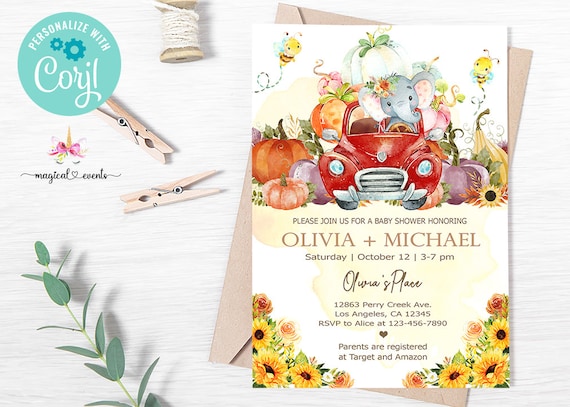 Elephant & Pumpkins Fall Baby Shower Invitation, Girl Invite, Bees