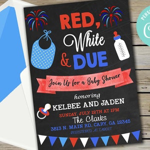 Patriotic baby shower invitation, boy baby shower invite, red white and due, digital printable, 4th of July Independence day, corjl editable