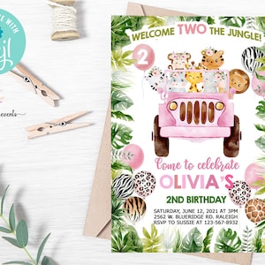 Safari animals girl 2nd birthday invitation, welcome two the jungle invite, digital printable, safari car truck birthday, corjl editable.