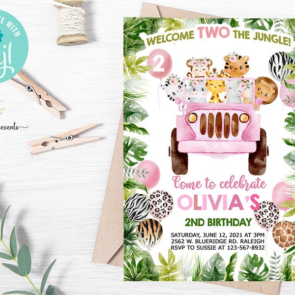 Safari animals girl 2nd birthday invitation, welcome two the jungle invite, digital printable, safari car truck birthday, corjl editable.