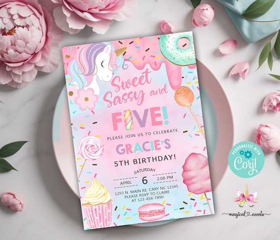 Candy Sweet Sassy and FIVE girl birthday invitation, girl 5th birthday invite, cotton candy sweets donut unicorn, corjl digital printable.
