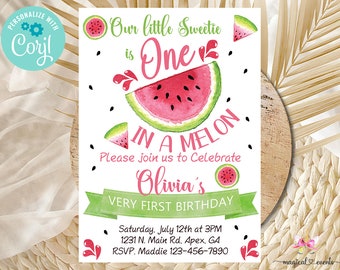 One in a melon 1st birthday invitation, Our little sweetie, girl birthday invite, girl watermelon invite, digital printable, corjl editable.