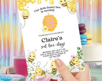 Our honey bee birthday invitation, bumblebee girl birthday invite, corjl editable, digital printable, Bumblebee honey bee bees, ANY AGE.