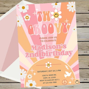 Two groovy 2nd birthday invitation, 70&#39;s retro hippie daisies smileys sparkles peace, girl groovy birthday invite, digital printable, corjl.