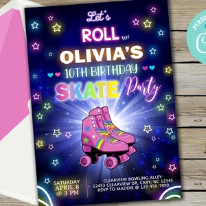 May include: A blue and purple birthday invitation with neon stars and a pair of pink roller skates. The text reads "Let's Roll for Olivia's 10th Birthday Skate Party".