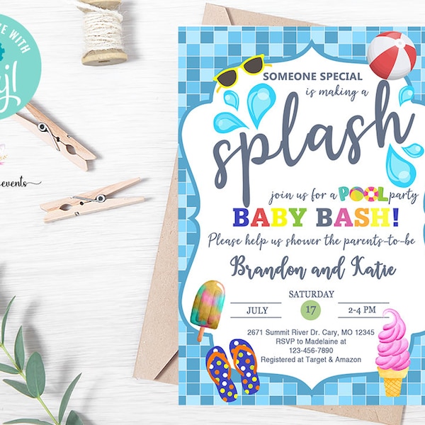 Summer pool baby shower invitation, Pool summer invite, ice cream, digital printable, someone is making a splash, baby bash, corjl editable