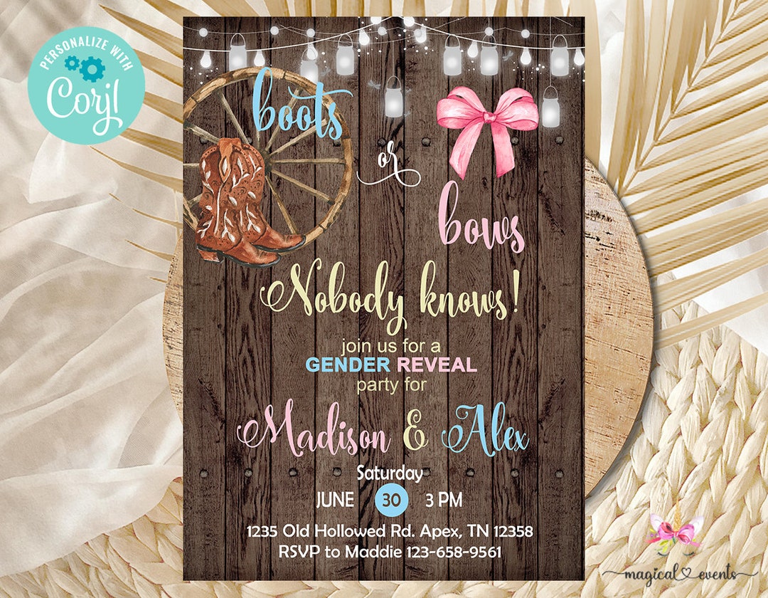 Boots or Bows Gender Reveal Invitation, Gender Reveal Invite