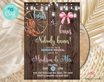 Boots or bows gender reveal invitation, gender reveal invite, boots or bows, digital printable, instant download, brown wood, corjl editable