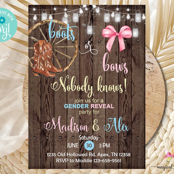 Boots or bows gender reveal invitation, gender reveal invite, boots or bows, digital printable, instant download, brown wood, corjl editable