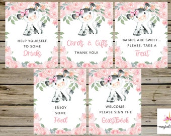 Kuh Babyparty Schilder Bündel, Mädchen Babypartyschilder, rosa Blumen, Kuh Schilder Pack, Essen Getränke Geschenke Gästebuch Leckereien, Kuh Babyparty.