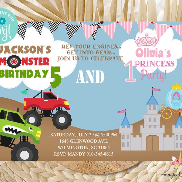 Siblings princess and monster truck birthday invitation, boy girl brother sister, corjl birthday invite digital printable, rev your engine.