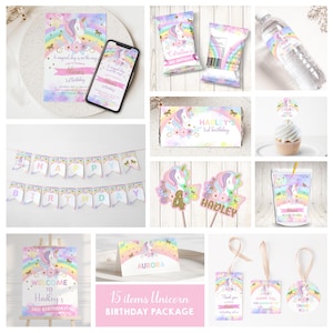 May include: A selection of unicorn-themed party decorations and accessories, such as invitations, banners, and cupcake toppers. The items are decorated with pastel colours, rainbows, and unicorn designs. Text includes "Alicia's 3rd Birthday" and "Hadley's 3rd Birthday".