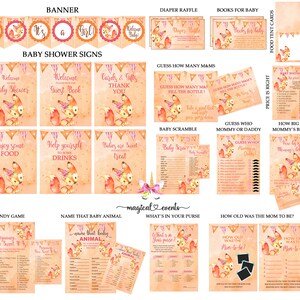 Girl fox baby shower games signs and cards bundle, girl fox games signs and cards package, baby fox, flowers on her hair and buntings pack.