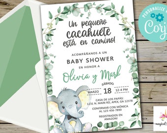 Elephant baby shower invitation, boy baby shower invite, digital printable, es niño, elefante, Español, Spanish, cacahuete, corjl editable.