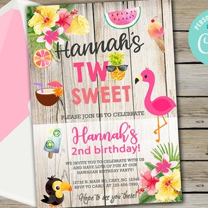 Hawaiian aloha 2nd birthday invitation, two sweet girl hawaiian birthday invite, digital printable corjl editable, pineapple flamingo summer